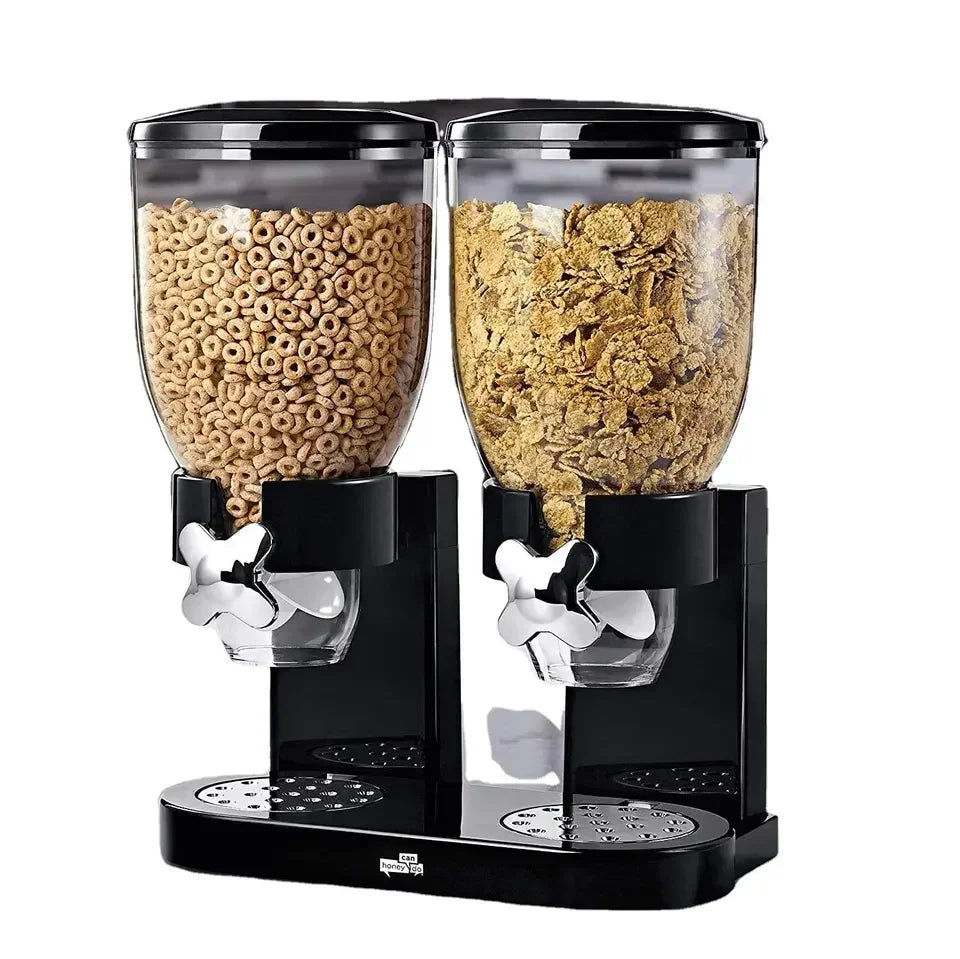 Distributore di cibo secco doppio controllo cibo secco distributore di cereali scatole portaoggetti contenitore per alimenti rotondo