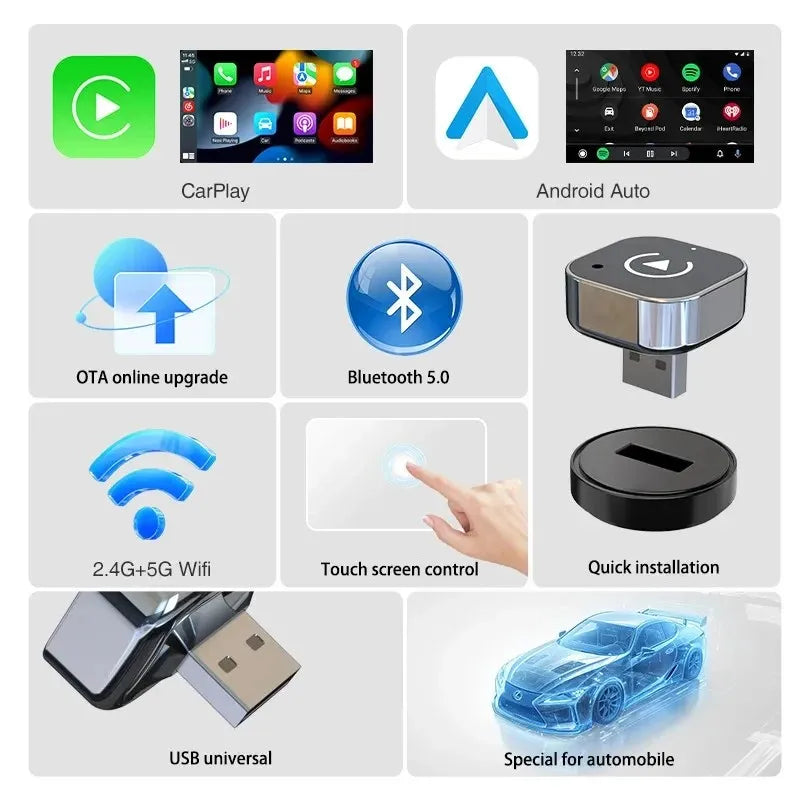 Adattatore 2-in-1 Wireless CarPlay e Android Auto – AI Smart Box Universale per Auto