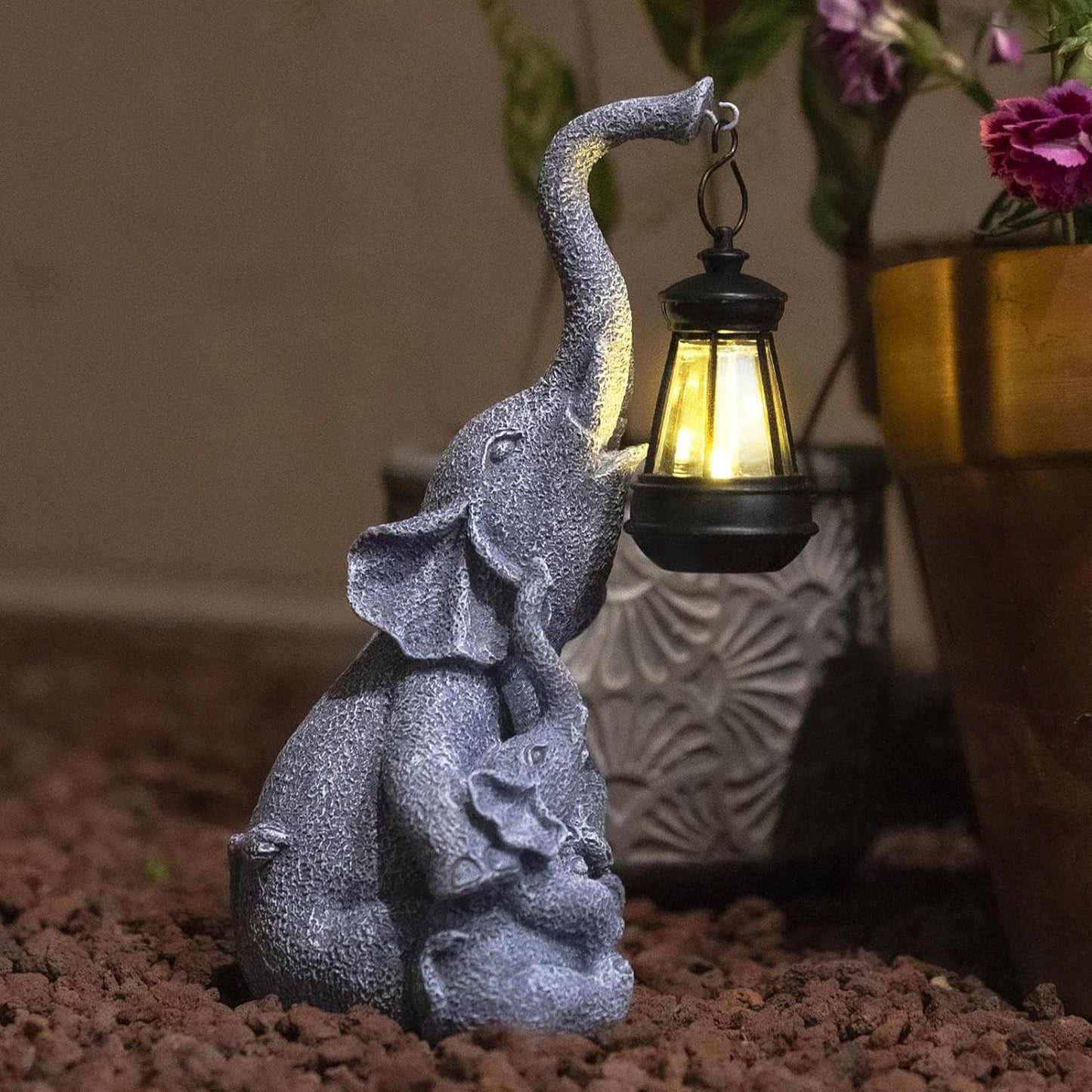 Statua Elefante con Luce Solare – Decorazione in Resina per Giardino e Portico