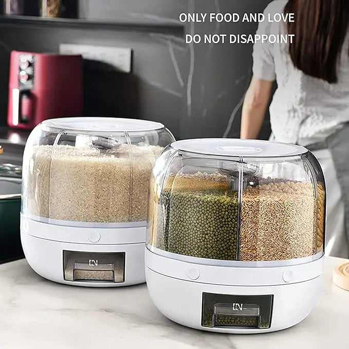 360 °   distributore di cereali rotante a 6 griglie, contenitore di stoccaggio con uscita one-touch per la sigillatura di cereali di riso e organizer resistente all'umidità
