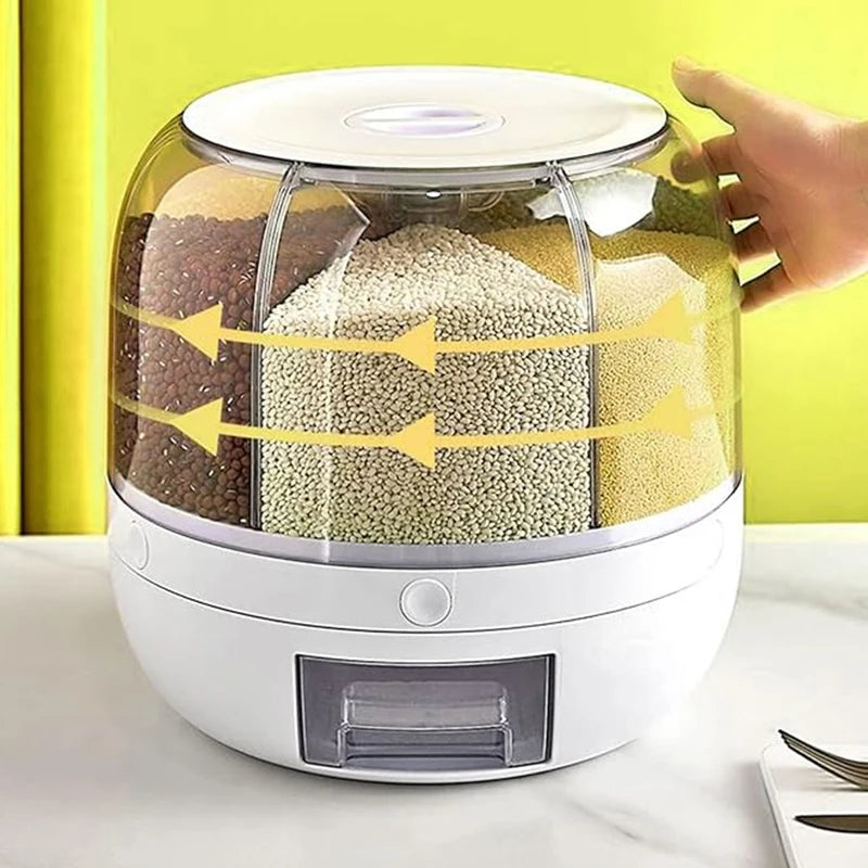 360 °   distributore di cereali rotante a 6 griglie, contenitore di stoccaggio con uscita one-touch per la sigillatura di cereali di riso e organizer resistente all'umidità