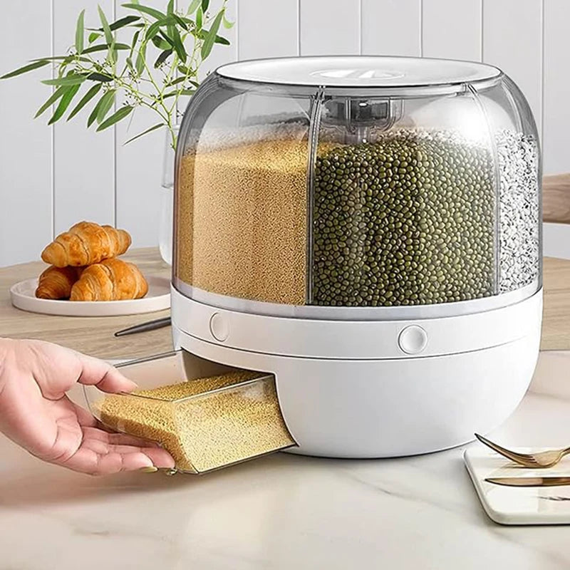 360 °   distributore di cereali rotante a 6 griglie, contenitore di stoccaggio con uscita one-touch per la sigillatura di cereali di riso e organizer resistente all'umidità