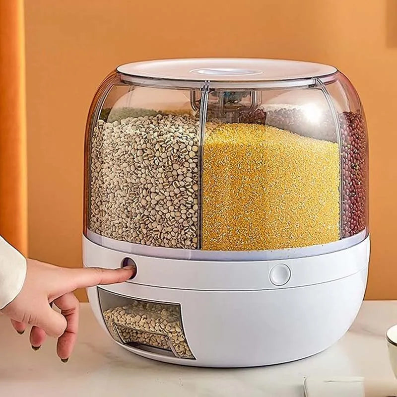 360 °   distributore di cereali rotante a 6 griglie, contenitore di stoccaggio con uscita one-touch per la sigillatura di cereali di riso e organizer resistente all'umidità