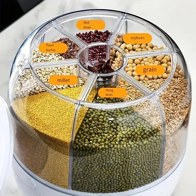 360 °   distributore di cereali rotante a 6 griglie, contenitore di stoccaggio con uscita one-touch per la sigillatura di cereali di riso e organizer resistente all'umidità