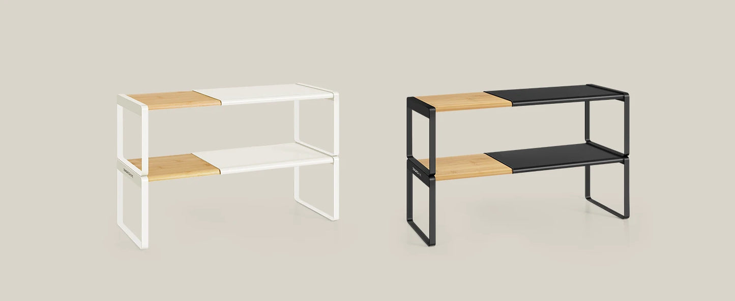 SONGMICS HOME Portaspezie, Set di 2, Estensibile, Organizer da Cucina, Mensola da Cucina, Organizer per Armadio, Piccola Mensola, Impilabile, Scarpiera, Beige Naturale e Nero Inchiostro/Beige Naturale e Bianco Crema