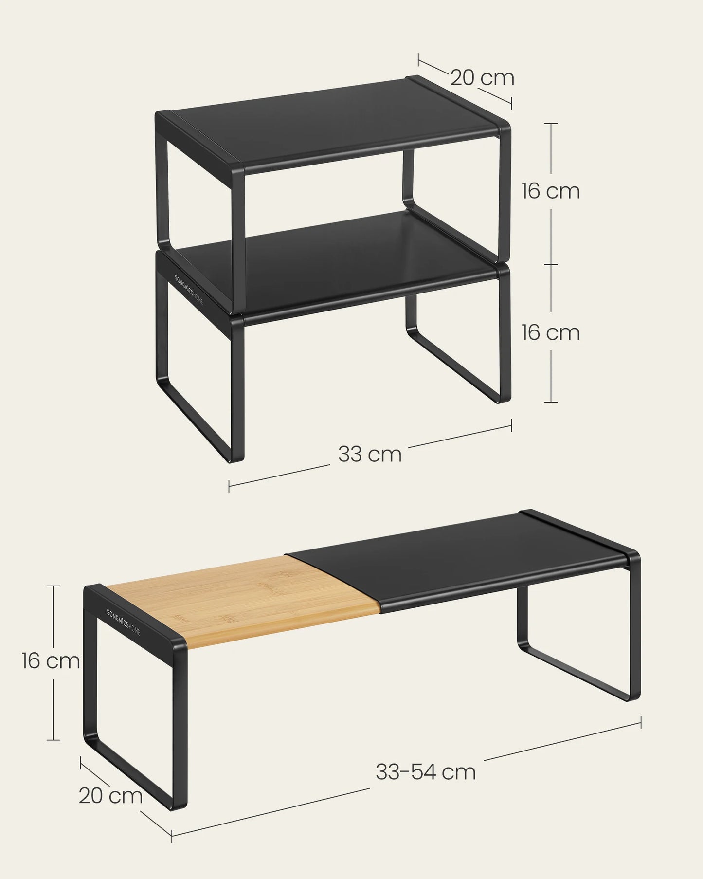 SONGMICS HOME Portaspezie, Set di 2, Estensibile, Organizer da Cucina, Mensola da Cucina, Organizer per Armadio, Piccola Mensola, Impilabile, Scarpiera, Beige Naturale e Nero Inchiostro/Beige Naturale e Bianco Crema