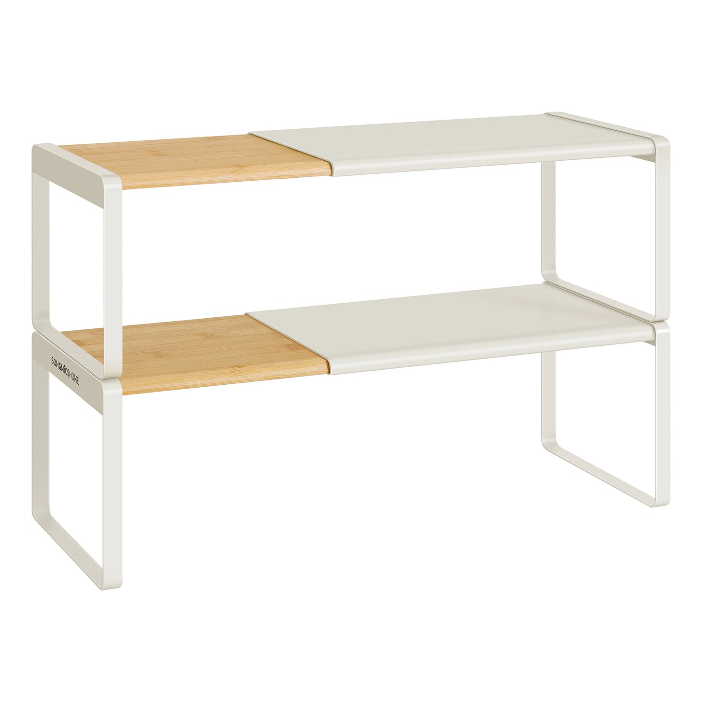 SONGMICS HOME Portaspezie, Set di 2, Estensibile, Organizer da Cucina, Mensola da Cucina, Organizer per Armadio, Piccola Mensola, Impilabile, Scarpiera, Beige Naturale e Nero Inchiostro/Beige Naturale e Bianco Crema