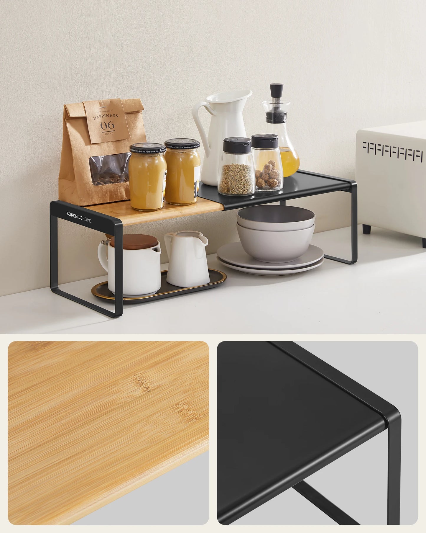 SONGMICS HOME Portaspezie, Set di 2, Estensibile, Organizer da Cucina, Mensola da Cucina, Organizer per Armadio, Piccola Mensola, Impilabile, Scarpiera, Beige Naturale e Nero Inchiostro/Beige Naturale e Bianco Crema