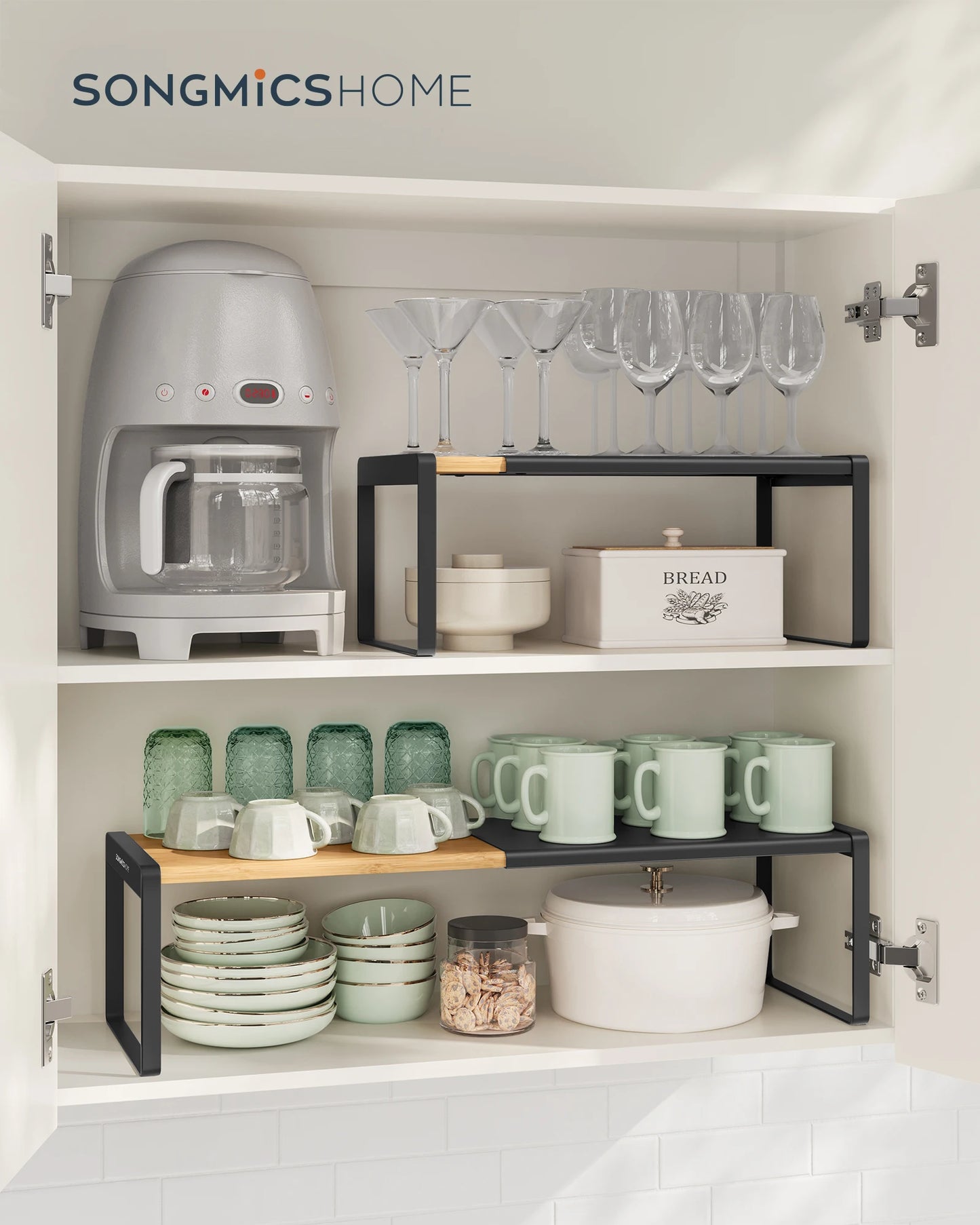 SONGMICS HOME Portaspezie, Set di 2, Estensibile, Organizer da Cucina, Mensola da Cucina, Organizer per Armadio, Piccola Mensola, Impilabile, Scarpiera, Beige Naturale e Nero Inchiostro/Beige Naturale e Bianco Crema