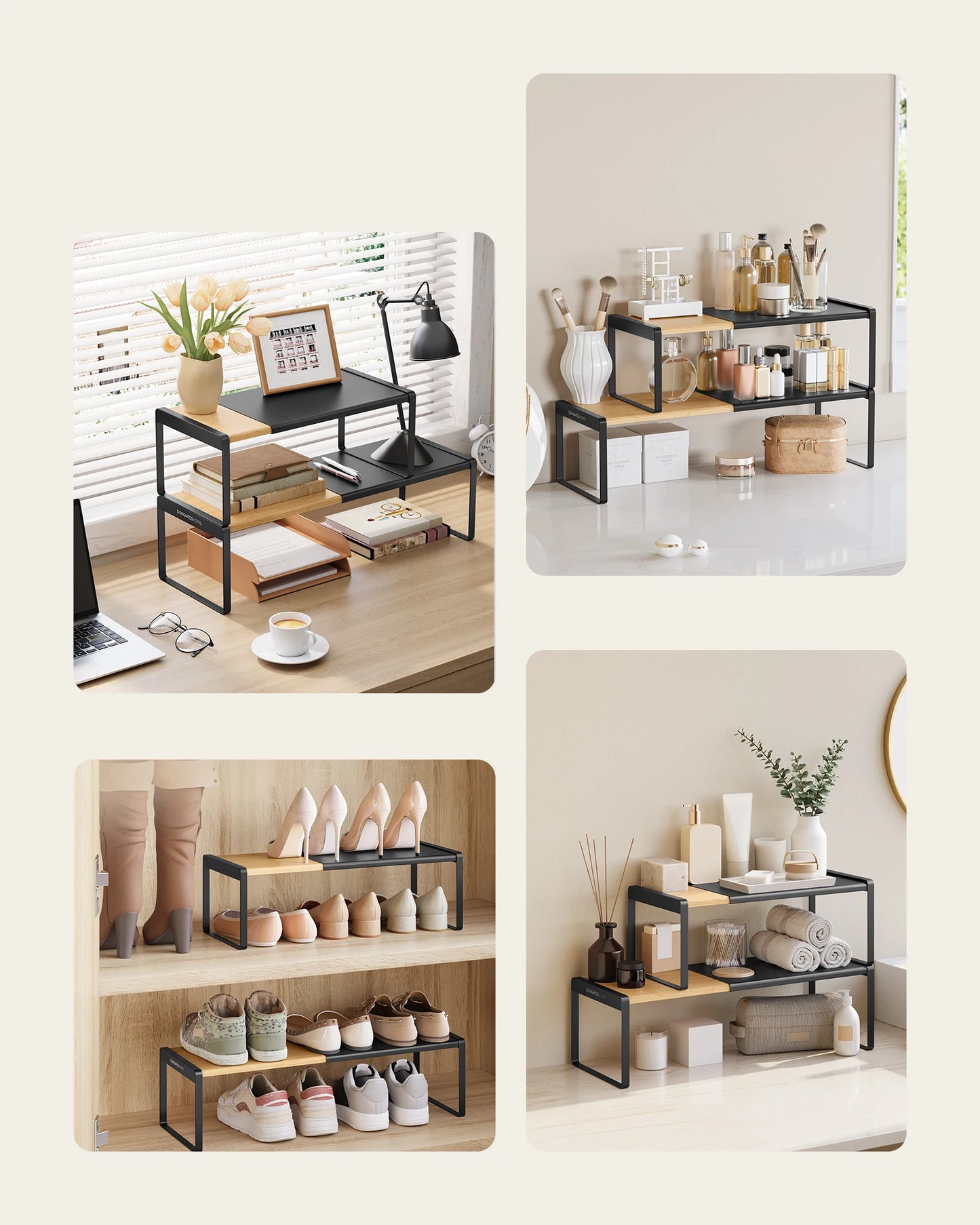 SONGMICS HOME Portaspezie, Set di 2, Estensibile, Organizer da Cucina, Mensola da Cucina, Organizer per Armadio, Piccola Mensola, Impilabile, Scarpiera, Beige Naturale e Nero Inchiostro/Beige Naturale e Bianco Crema