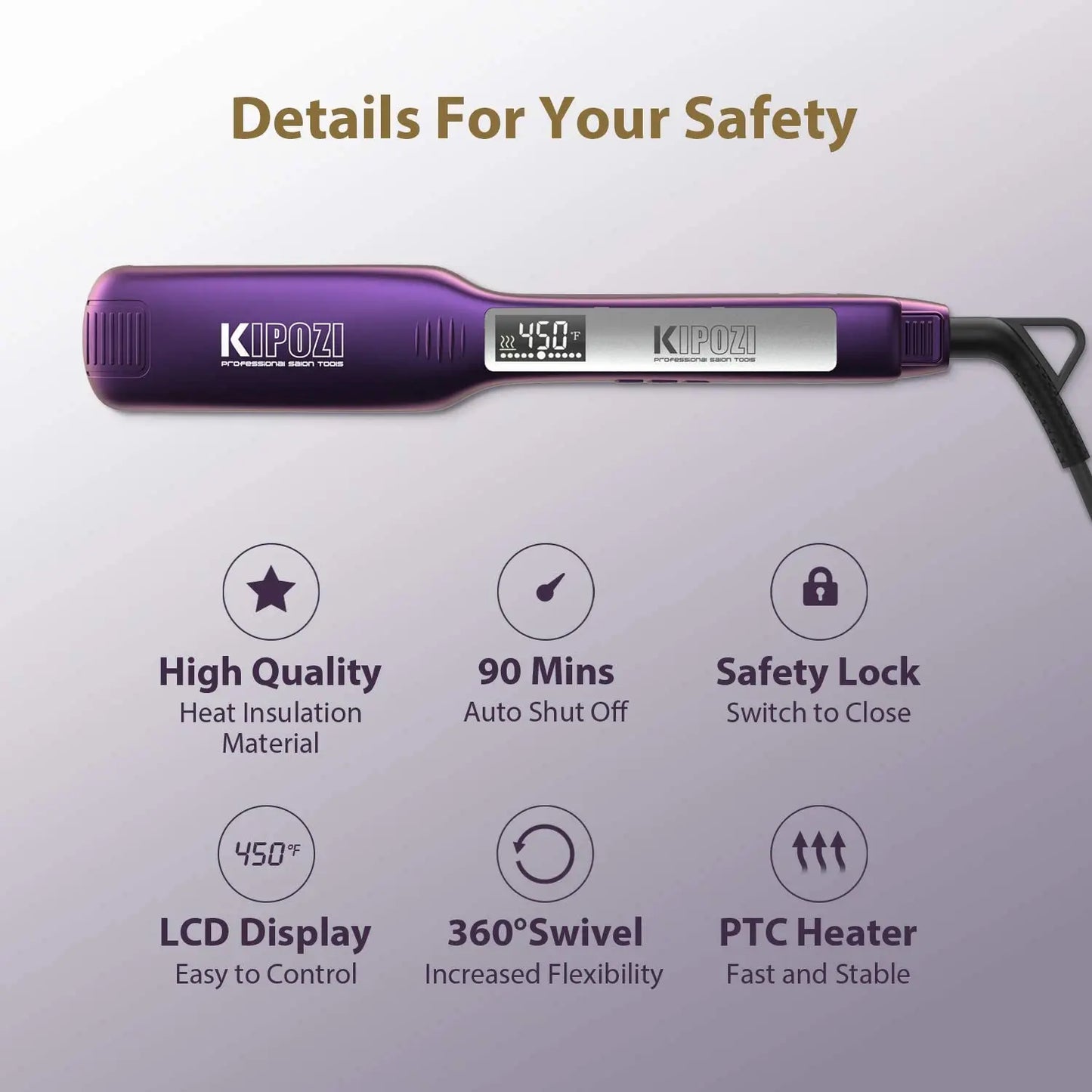 KIPOZI Piastra Capelli Professionale Titanio 230°C Display LCD Digitale Riscaldamento Veloce