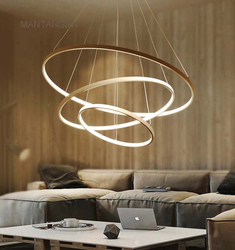 Lampade a sospensione moderne nere/bianche/dorate per soggiorno sala da pranzo 4/3/2/1 Cerchio Anelli Lampada a sospensione a LED con corpo in alluminio acrilico