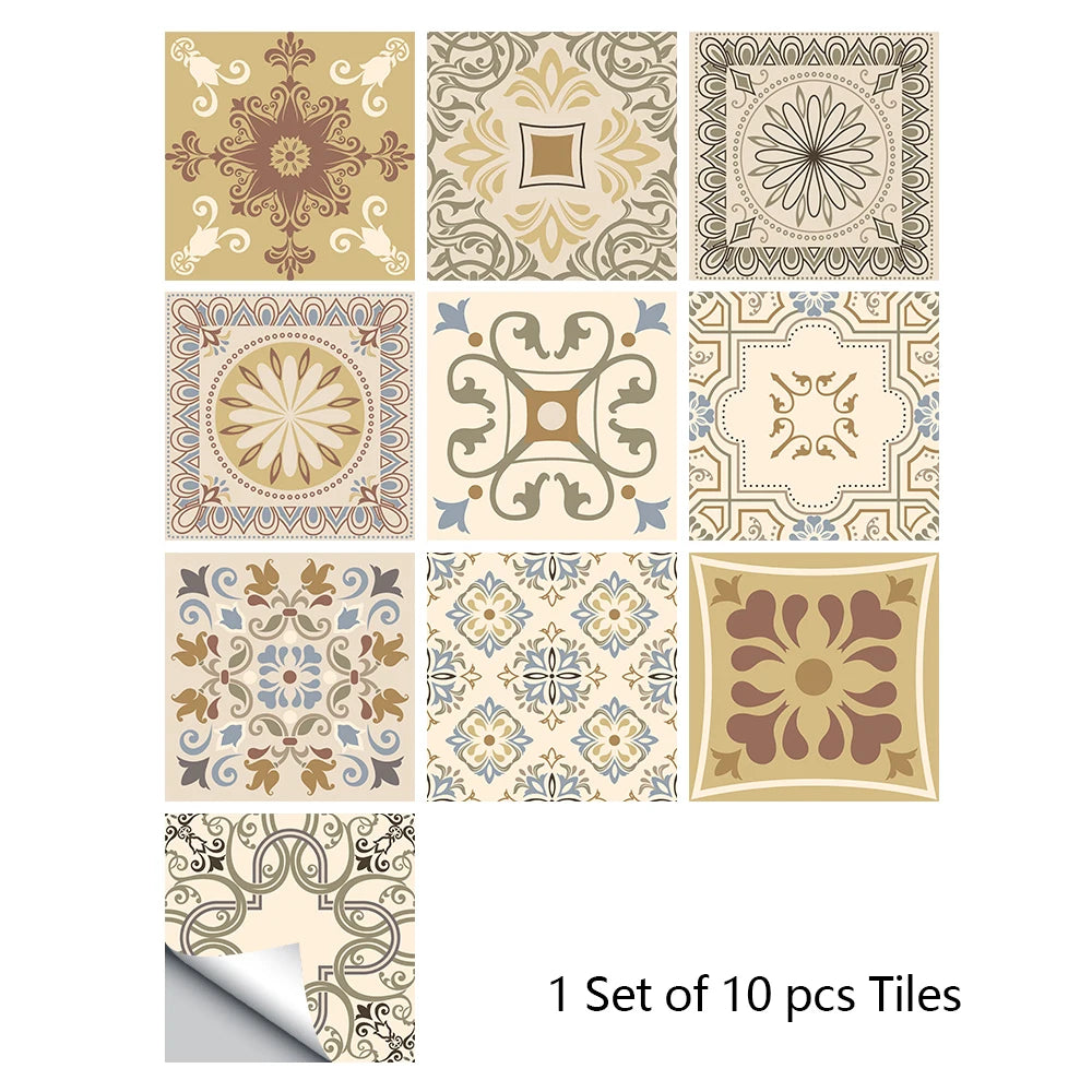 10pcs Retro Pattern Matte Surface Tiles Sticker Transfers Covers for Kitchen Bathroom Tables Floor Hard-wearing Art Wall Decals
