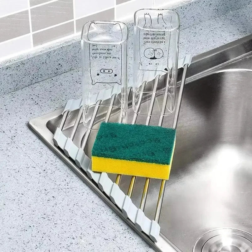 Triangolo arrotolabile Stendino per piatti Lavello da cucina Organizzatore ad angolo sopra il lavandino Porta stracci in spugna Scolapiatti pieghevole in acciaio inossidabile