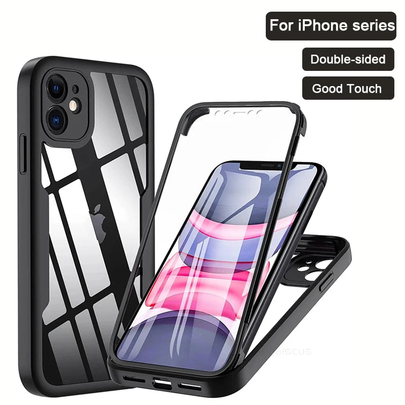 Custodia da 360 gradi per iPhone 15 14 13 12 11 Pro Max 14 Plus XS MAX XR Cover trasparente Protezione per schermo integrata robusta per tutto il corpo