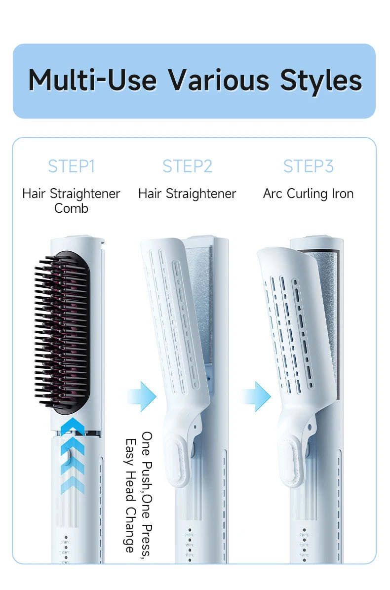 Piastra per capelli multifunzione 3 in 1: cambio facile della testa con una spinta, styling versatile per capelli lisci, ricci e ondulati