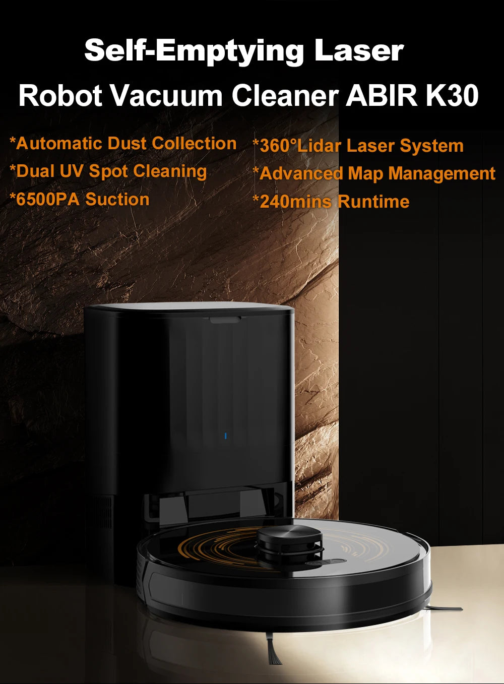 Robot aspirapolvere K30 – Con autosvuotamento, doppio laser, lampada UV, mappatura multi-piano, pulizia automatica tappeti e 240 min di autonomia