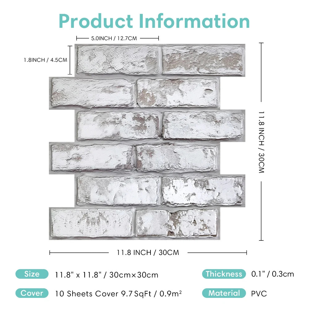 3D Tile Stickers, 3D Whitewash Brick Textures, Matte, 30cm x 30cm, Water and Mold Resistant, for Living Room Kitchen Wall Update
