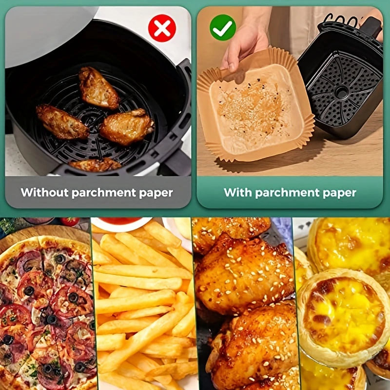 Fodere di carta per friggitrice ad aria Carta da forno impermeabile usa e getta a prova di olio Rotonda quadrata e rettangolare pergamena Forniture per feste da cucina