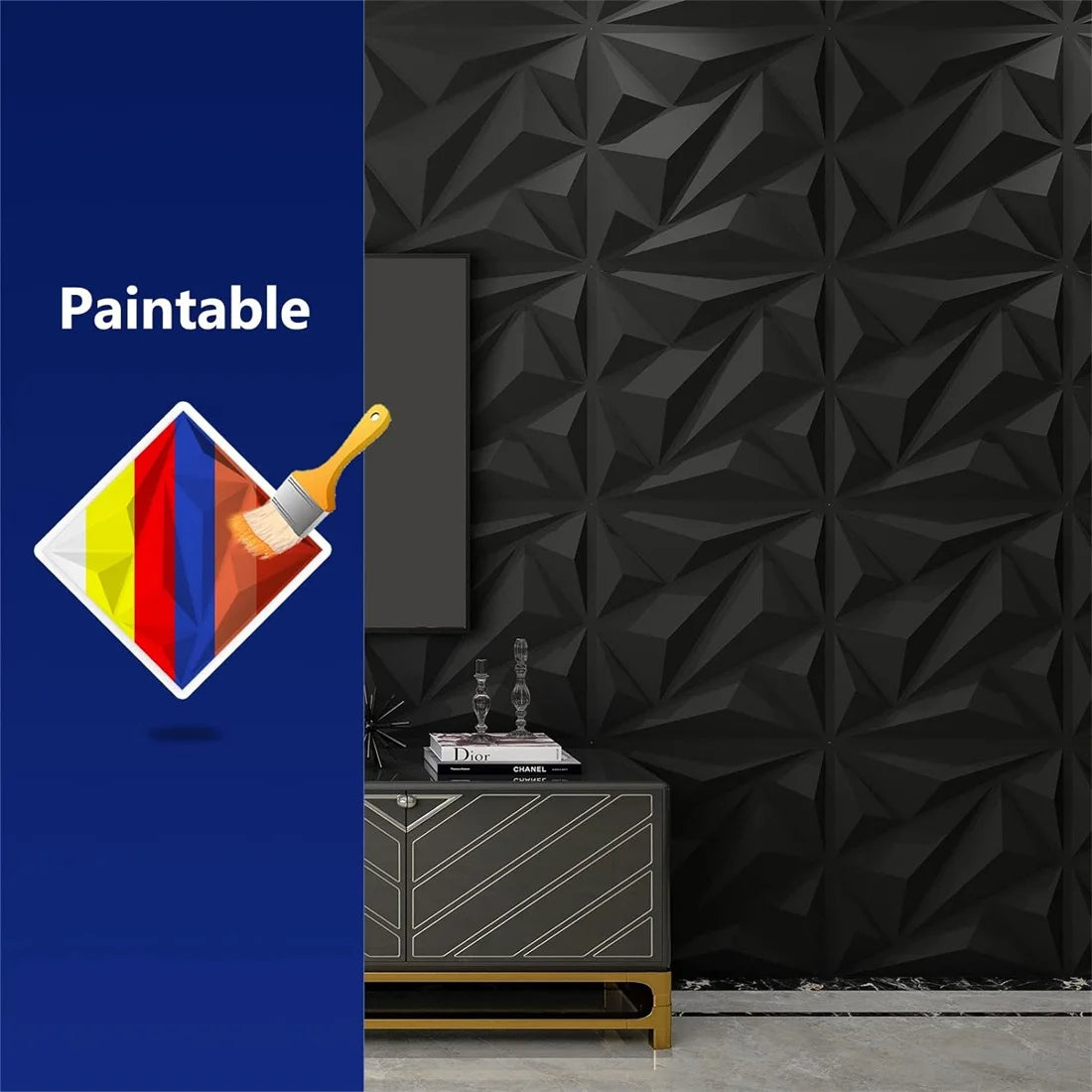 Pannello da parete 3D decorato con design a diamante da 10 pezzi, 30 cm x 30 cm bianco opaco/nero, pannello da parete per decorazione domestica fai da te