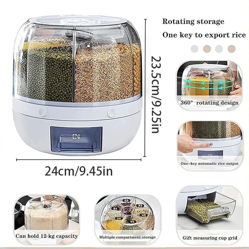 360 °   distributore di cereali rotante a 6 griglie, contenitore di stoccaggio con uscita one-touch per la sigillatura di cereali di riso e organizer resistente all'umidità