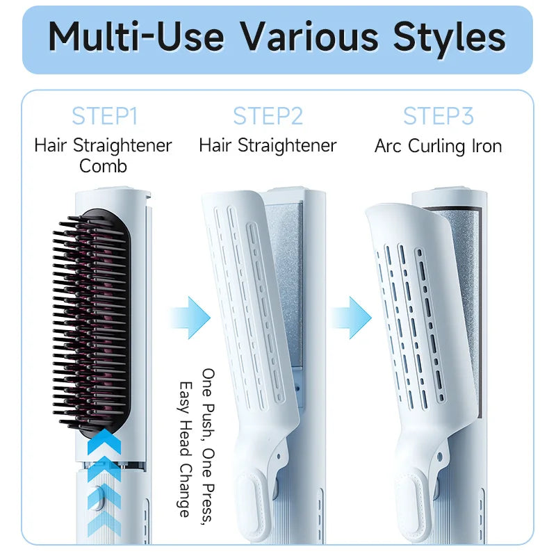 Piastra per capelli multifunzione 3 in 1: cambio facile della testa con una spinta, styling versatile per capelli lisci, ricci e ondulati