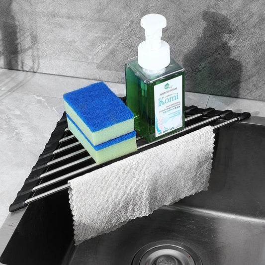 Triangolo arrotolabile Stendino per piatti Lavello da cucina Organizzatore ad angolo sopra il lavandino Porta stracci in spugna Scolapiatti pieghevole in acciaio inossidabile