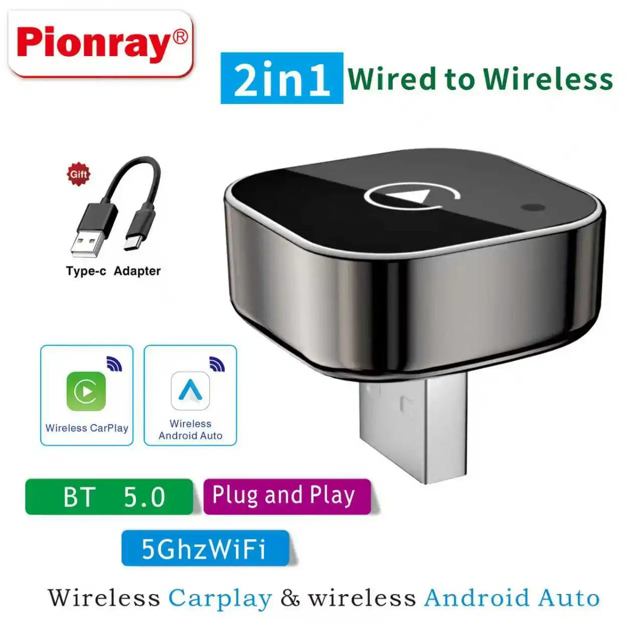 Adattatore CarPlay Wireless 2-in-1 per iPhone – Convertitore da Cablato a Wireless Plug & Play