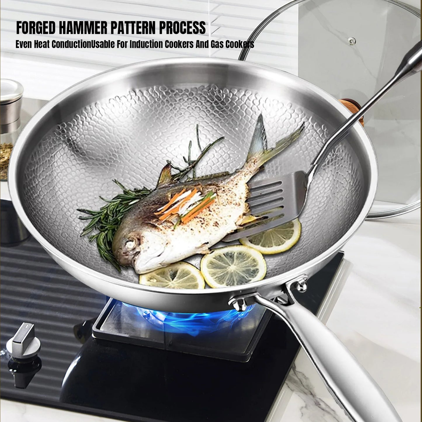 Padella in Titanio Puro Tedesco 26/28/30cm, Antiaderente, Non Rivestita, con Motivo a Squame di Pesce, Utensile da Cucina in Lega di Titanio
