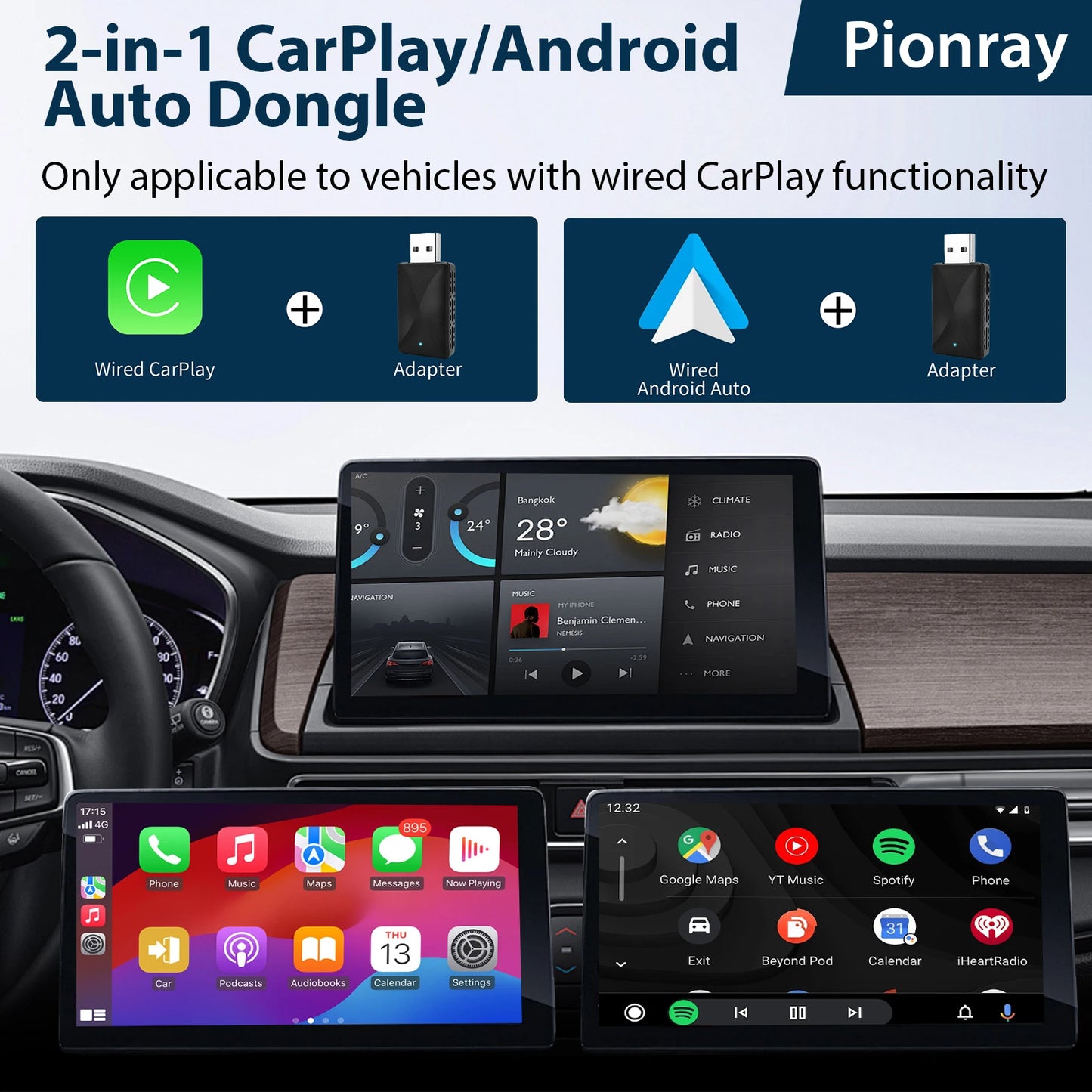 Adattatore CarPlay Wireless 2-in-1 per iPhone – Convertitore da Cablato a Wireless Plug & Play