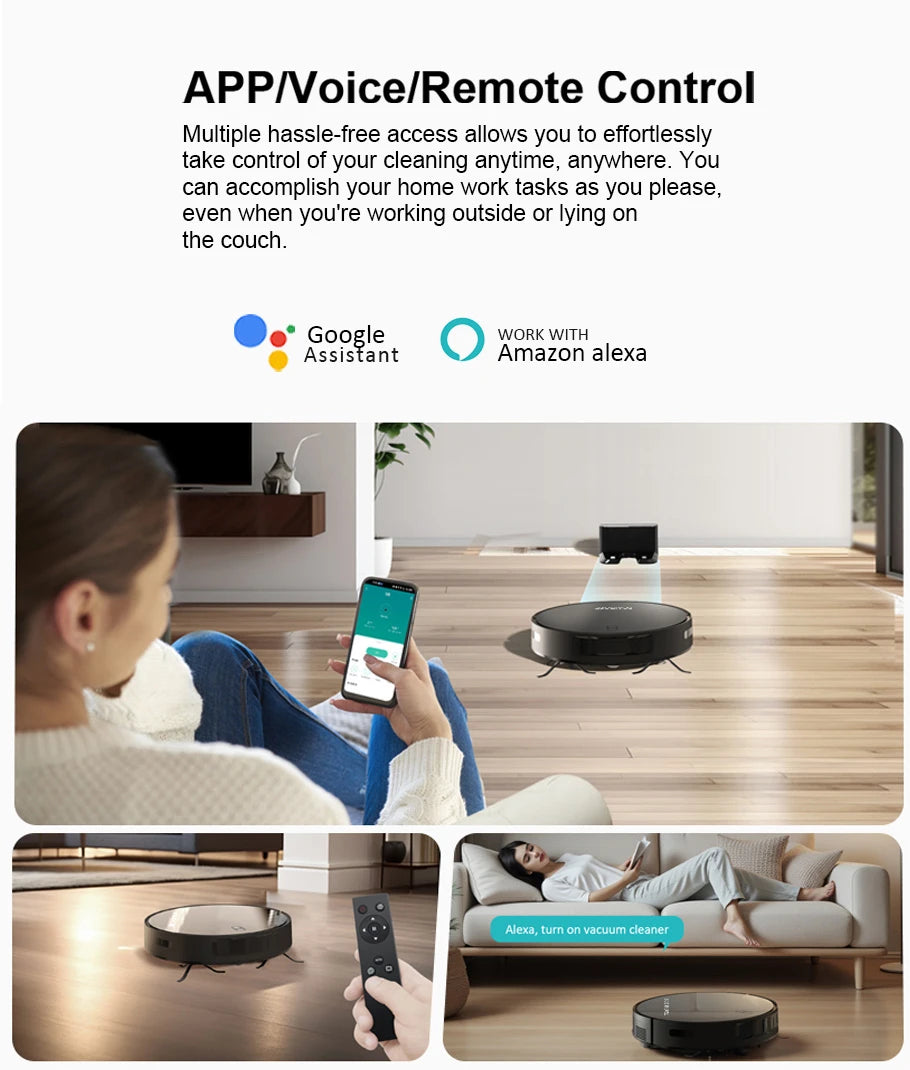 Robot Aspirapolvere con Funzione Lavapavimenti, Aspirazione 6000PA, Controllo WiFi/Vocale, Ricarica Automatica, per Peli di Animali e Pulizia Domestica