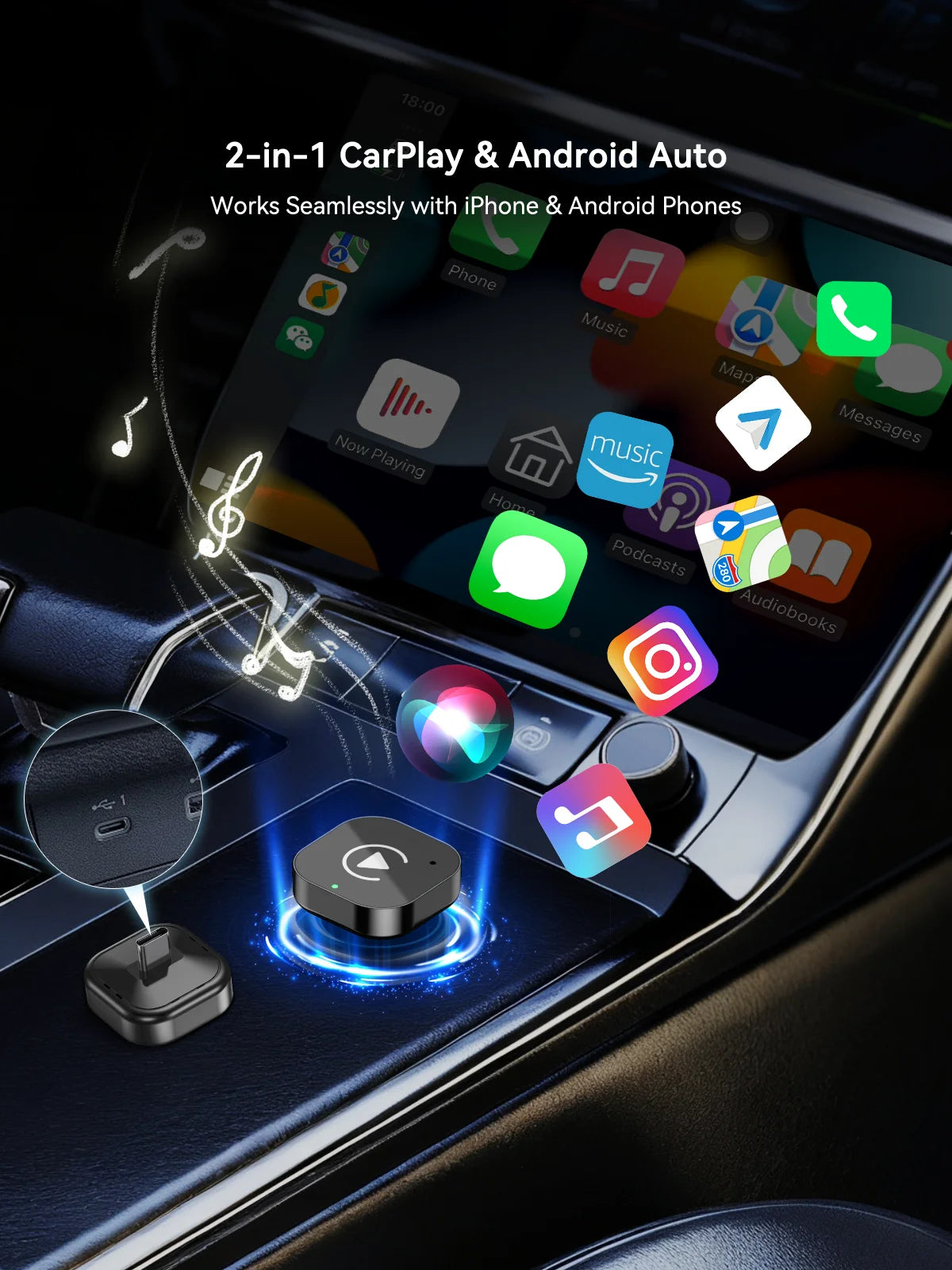 Adattatore Wireless CarPlay e Android Auto (Type-C) – Convertitore USB-C Plug & Play per Auto