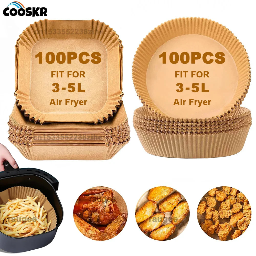 Fodere di carta per friggitrice ad aria 100 pezzi Foglie di pergamena usa e getta antiaderenti Fodera rotonda quadrata per uso alimentare per cuocere arrostire nel microonde