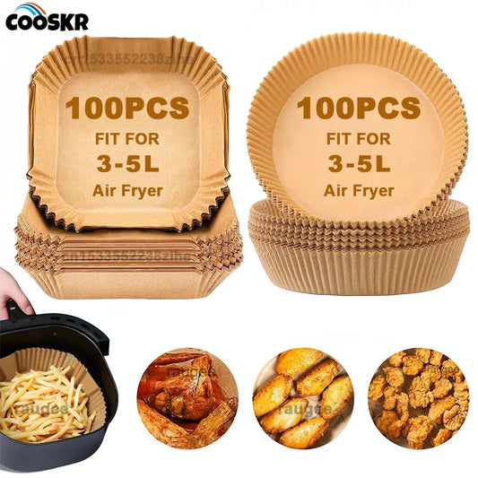 Fodere di carta per friggitrice ad aria 100 pezzi Foglie di pergamena usa e getta antiaderenti Fodera rotonda quadrata per uso alimentare per cuocere arrostire nel microonde