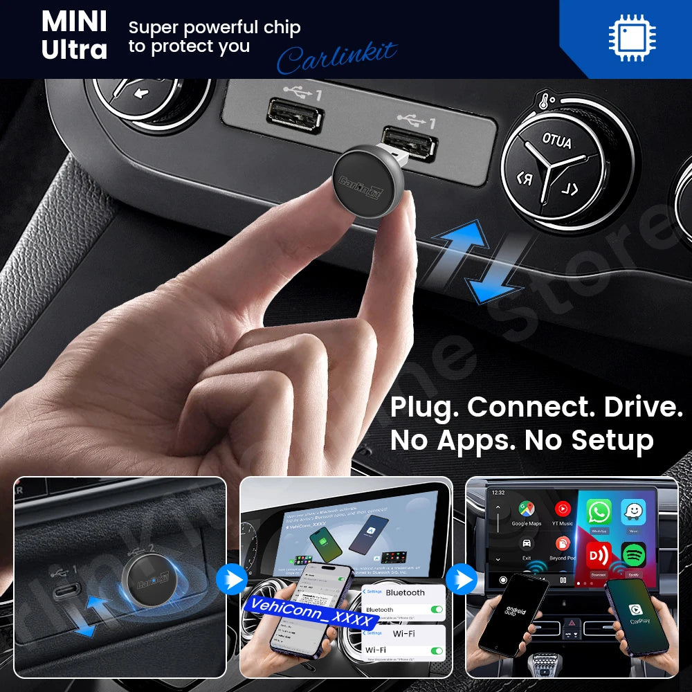 Carplay e Android Auto Wireless CarlinKit Mini Ultra 2025 - Adattatore per Auto Bluetooth 5.4 e Wi-Fi 5.8GHz