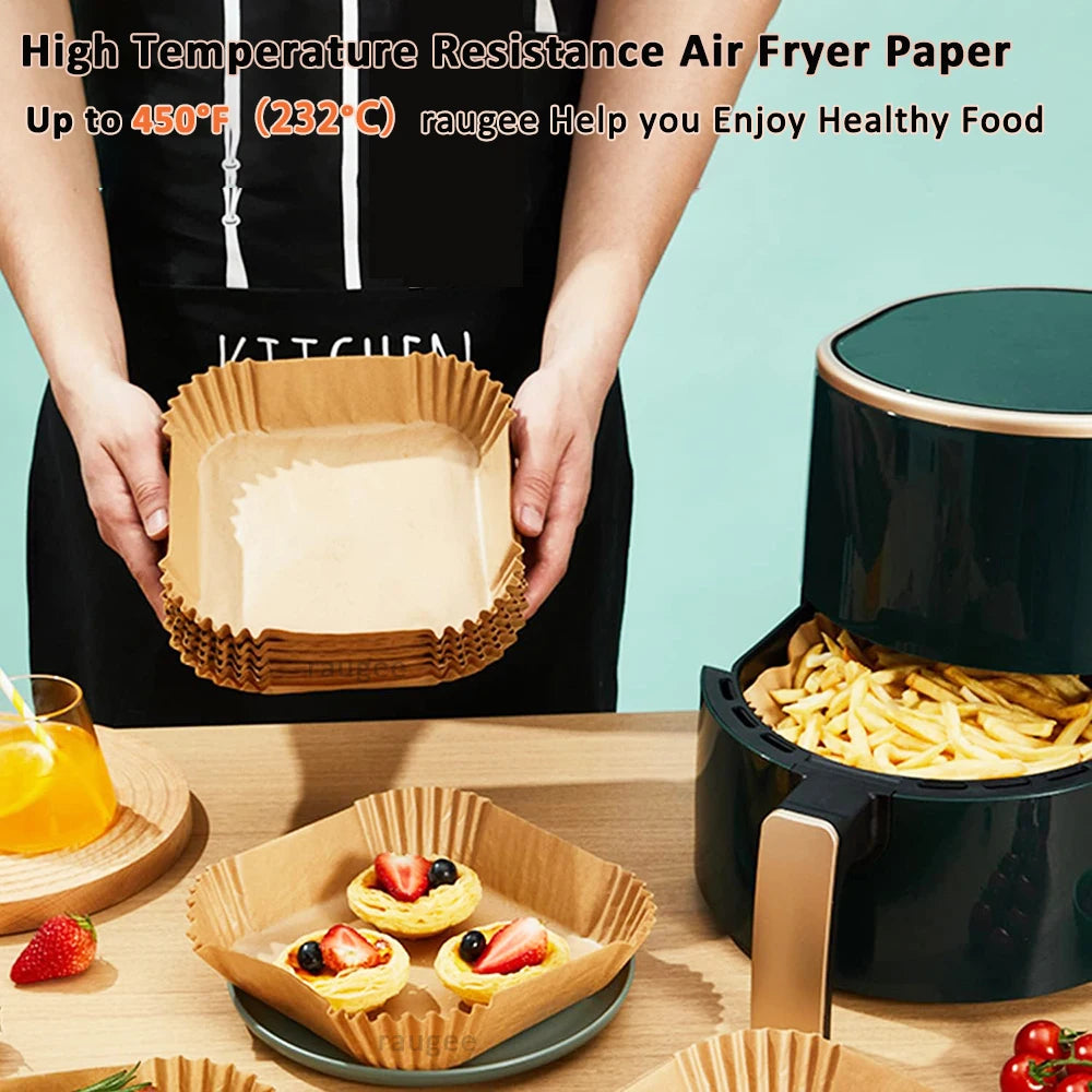 Fodere di carta per friggitrice ad aria 100 pezzi Foglie di pergamena usa e getta antiaderenti Fodera rotonda quadrata per uso alimentare per cuocere arrostire nel microonde