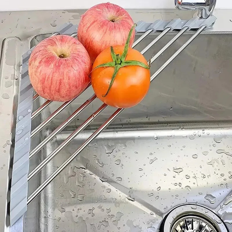 Triangolo arrotolabile Stendino per piatti Lavello da cucina Organizzatore ad angolo sopra il lavandino Porta stracci in spugna Scolapiatti pieghevole in acciaio inossidabile