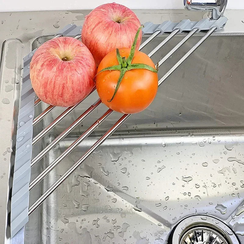Triangolo arrotolabile Stendino per piatti Lavello da cucina Organizzatore ad angolo sopra il lavandino Porta stracci in spugna Scolapiatti pieghevole in acciaio inossidabile