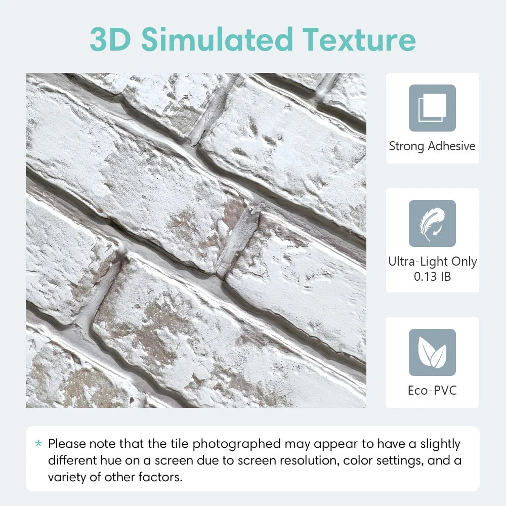 3D Tile Stickers, 3D Whitewash Brick Textures, Matte, 30cm x 30cm, Water and Mold Resistant, for Living Room Kitchen Wall Update