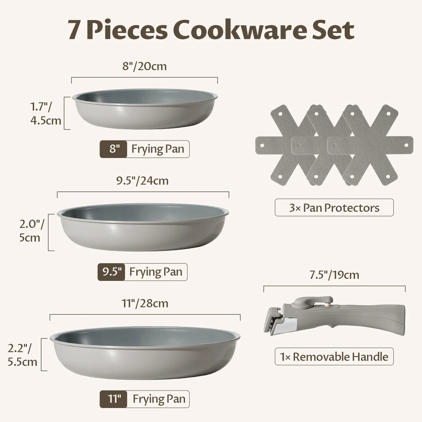 Set Padella Antiaderente Manico Rimovibile 20 cm 24 cm 28 cm, Padelle Induzione Antiaderente, Rivestimento Ceramico Antiaderente, Piccolo Lar