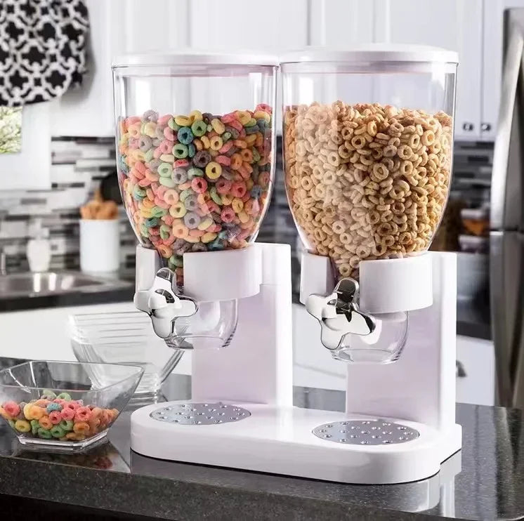 Distributore di cibo secco doppio controllo cibo secco distributore di cereali scatole portaoggetti contenitore per alimenti rotondo