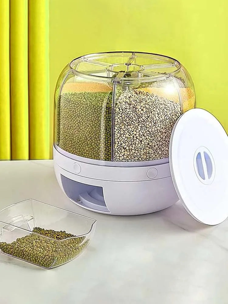 360 °   distributore di cereali rotante a 6 griglie, contenitore di stoccaggio con uscita one-touch per la sigillatura di cereali di riso e organizer resistente all'umidità