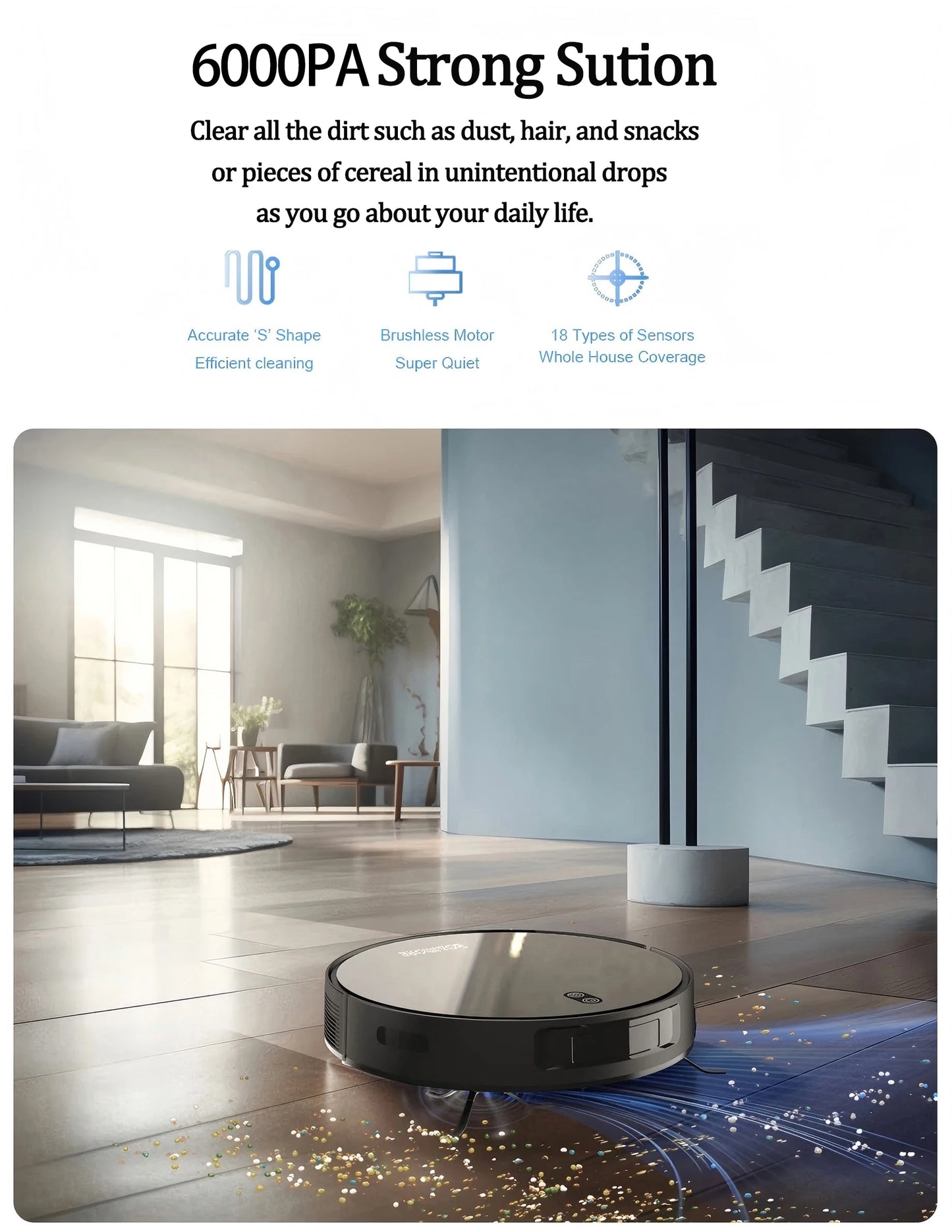 Robot Aspirapolvere con Funzione Lavapavimenti, Aspirazione 6000PA, Controllo WiFi/Vocale, Ricarica Automatica, per Peli di Animali e Pulizia Domestica