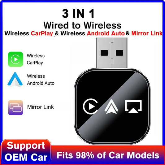 Adattatore Wireless 3-in-1: CarPlay, Android Auto e Mirror Link – Convertitore USB Plug & Play