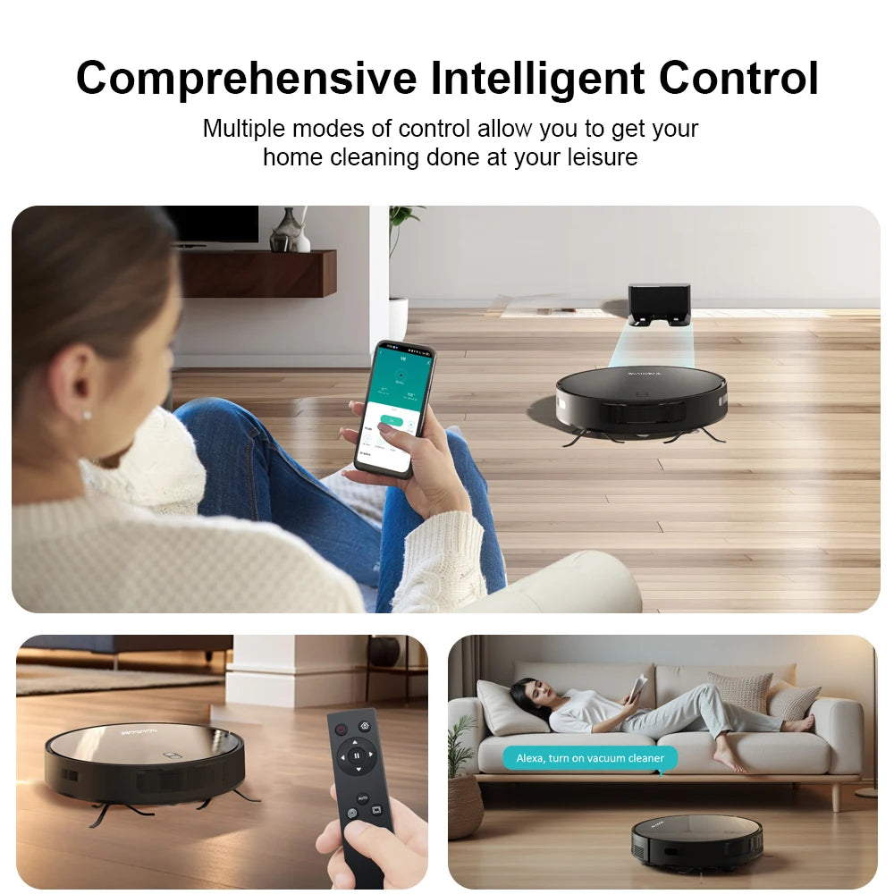 Robot Aspirapolvere con Funzione Lavapavimenti, Aspirazione 6000PA, Controllo WiFi/Vocale, Ricarica Automatica, per Peli di Animali e Pulizia Domestica