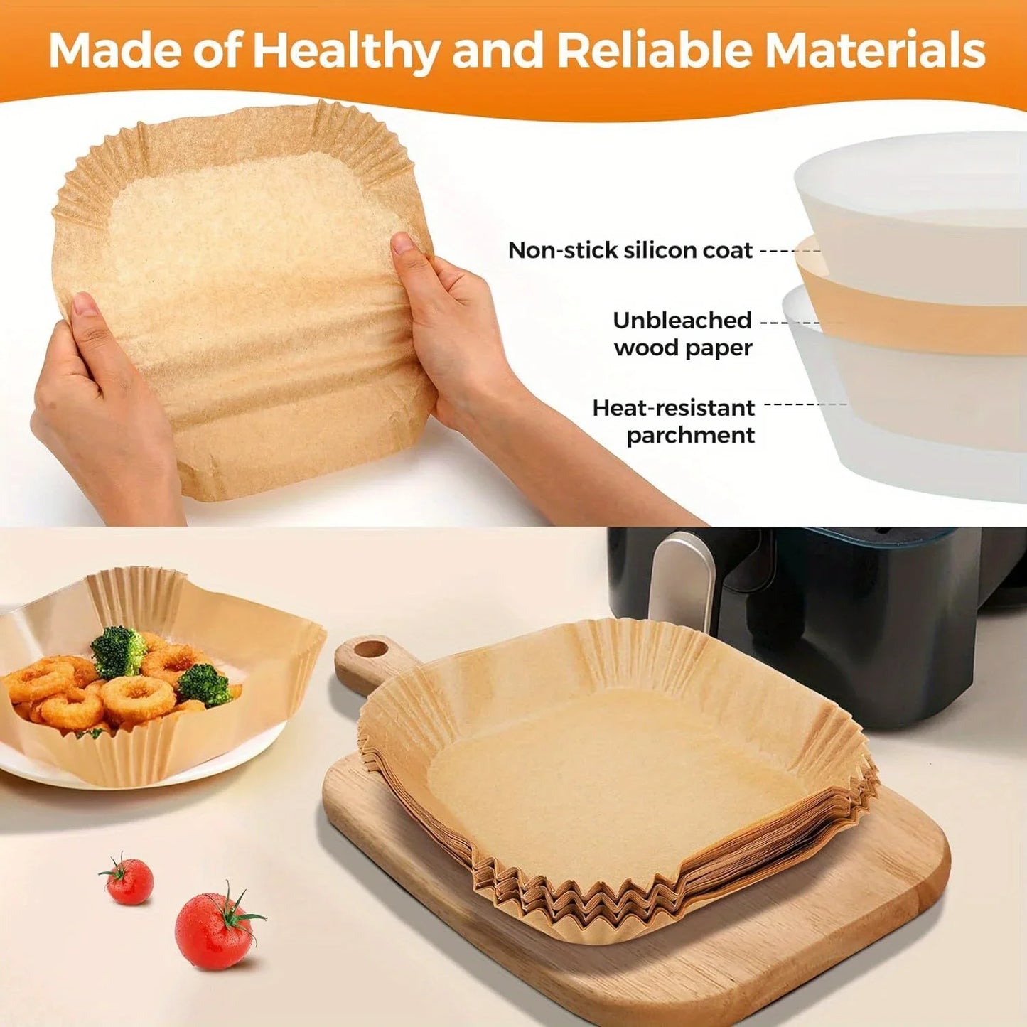 Fodere di carta usa e getta per friggitrice ad aria da 100 pezzi: rivestimenti quadrati da 20 cm per friggitrice ad aria, pergamena con cestello antiaderente resistente al grasso e all'acqua Pa