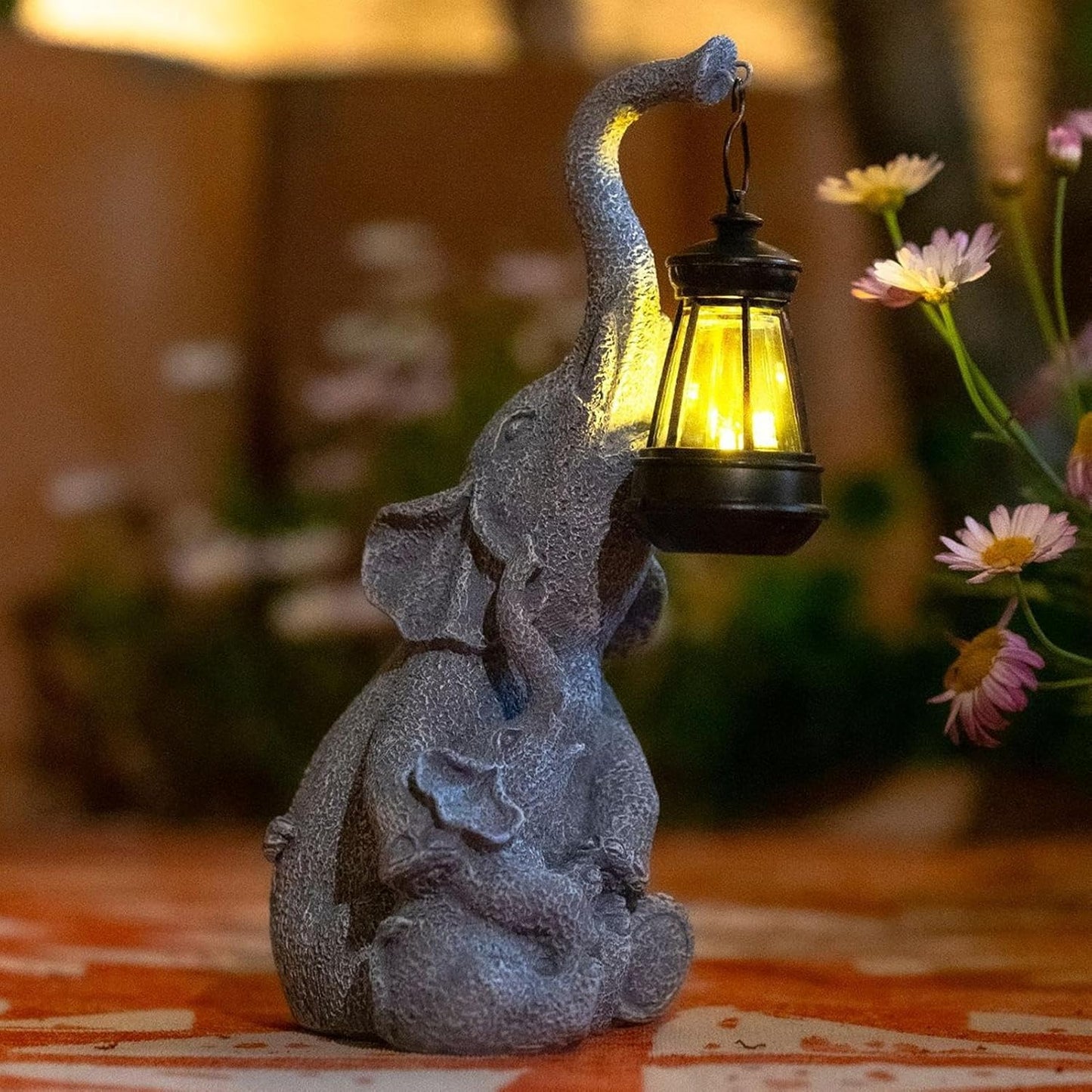 Statua Elefante con Luce Solare – Decorazione in Resina per Giardino e Portico